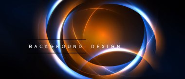 Koyu renk arka planda canlı eşmerkezli daireler var. Turuncu, mavi parlaklıklar dinamik görsel efekt yaratır. Metin arkaplan tasarımı okur.