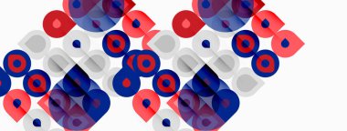Abstract pattern features overlapping circles. Red, blue, gray hues create dynamic visual texture. Simple shapes repeat across white background.