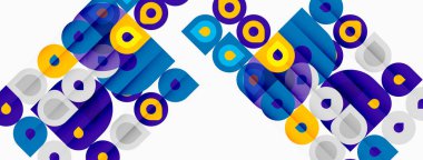 Abstract geometric pattern. Blue, purple, yellow circles, squares overlap creating dynamic visual texture. Modern design element.