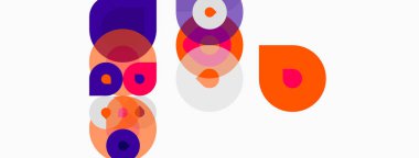 Üst üste binen daireler içeren soyut kompozisyon, mor, turuncu renkler. Minimalist tasarım, temiz çizgiler, modern estetik. Parlak renkler beyaz arkaplana hakim.