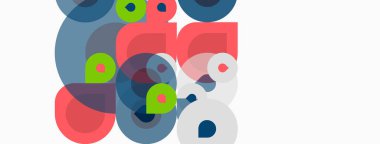 Üst üste binen daireler, kareler, çeşitli renkler içeren soyut kompozisyon. Minimalist tasarım, temiz estetik, modern sanat tarzı.