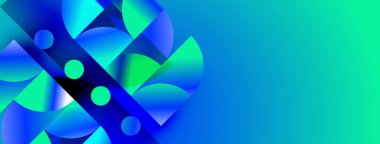 Soyut tasarım canlı mavi, yeşil gradyanlar içerir. Dairesel şekiller, dinamik görsel efektler yaratır. Modern, temiz estetik.