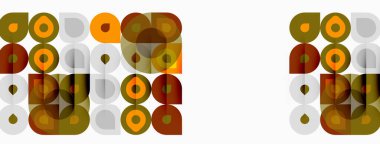 Retro desenler üst üste binen daireler, kareler, soluk kahverengiler, portakallar, yeşiller. Tekrarlanan tasarım desenli görsel efekt yaratır.