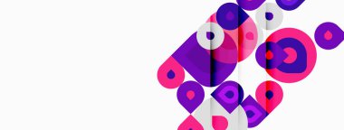 Üst üste binen daireler içeren soyut kompozisyon. Mor, pembe renkler beyaz arkaplana hakim. Modern tasarım, dinamik şekiller mevcut.