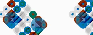 Soyut geometrik şekiller, daireler, kareler kesişir. Mavi, yeşil, kırmızı renkler beyaz arkaplana hakim. Modern tasarım elemanları.