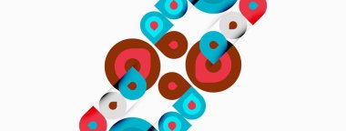 Soyut geometrik şekiller örtüşür, canlı renkli tasarım yaratır. Çemberler çeşitli boyut ve renklerle kompozisyona hükmediyor.