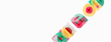 Renkli üstüste binen geometrik şekiller neon bir kelime oluşturur. Parlak renkler dinamik görsel efekt yaratır. Minimalist tasarım, modern estetik.