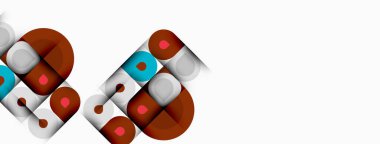 Soyut geometrik şekiller örtüşür, dinamik görsel kompozisyon yaratır. Kahverengi, kırmızı, gri renkler beyaz arkaplana hakim. Modern tasarım.