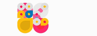 Soyut çemberler örtüşüyor ve canlı bir kompozisyon oluşturuyor. Renkler sarı, pembe, mavi, gri. Basit şekiller eğlenceli tasarımı akla getiriyor.