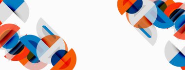 Soyut geometrik şekiller, daireler, kareler kesişir. Mavi, turuncu, gri renkler beyaz arkaplana hakim. Modern tasarım ögesi.