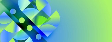 Soyut kompozisyonda canlı maviler, yeşiller var. Şekiller çakışıyor, dinamik görsel etki yaratıyor. Gradyan arkaplan derinlik ekler.