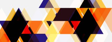 Soyut geometrik bileşim. Üçgenler baskın, turuncu, sarı, mor, siyah renkler kullanıyorlar. Modern tasarım, keskin açılar dinamik desen yaratır.