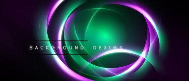 Soyut parlak daireler, canlı mor, yeşil renkler. Karanlık arka plan dramatik görsel efektler yaratır. Modern tasarım ögesi.
