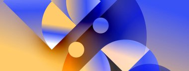 Üst üste binen şekiller, gradyanlar içeren soyut kompozisyon. Sıcak sarılar havalı mavilere karışıp dinamik görsel efekt yaratır. Çemberler tasarıma hakim.