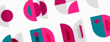 Soyut geometrik şekiller, pembeler, döşemeler, griler tekrar ediyor. Minimalist tasarım, düz çizim, modern model. Temiz estetik.