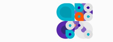 Soyut çemberler kesişiyor, eğlenceli bir kompozisyon oluşturuyor. Renkler arasında deniz mavisi, mor, turuncu, gri, beyaz. Modern tasarım ögesi.