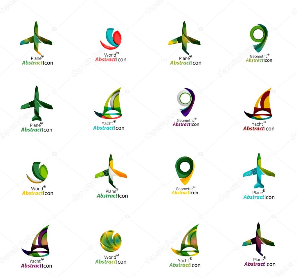 Set of abstract travel logo icons. Business, app or internet web symbols. Thin lines and colors with white