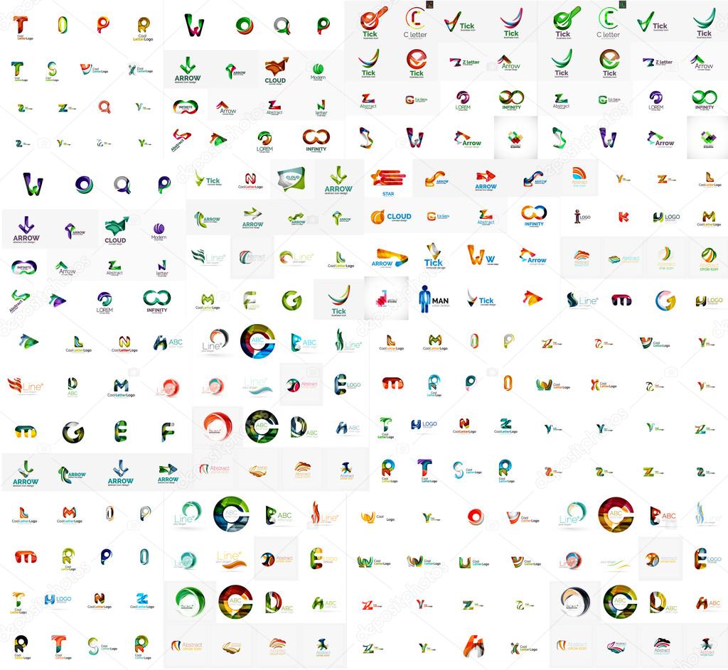 Mega set of geomeric lettering company logos. Corporate business branding design elements