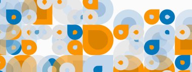 Soyut desenler üst üste binen daireler, kareler. Turuncu, mavi renkler beyaz arkaplana hakim. Modern tasarım ögesi.