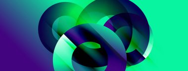 Üstüste binen şeffaf daireler içeren soyut bir kompozisyon. Renkler turkuazdan koyu mora karışıyor. Modern tasarım, canlı renkler.