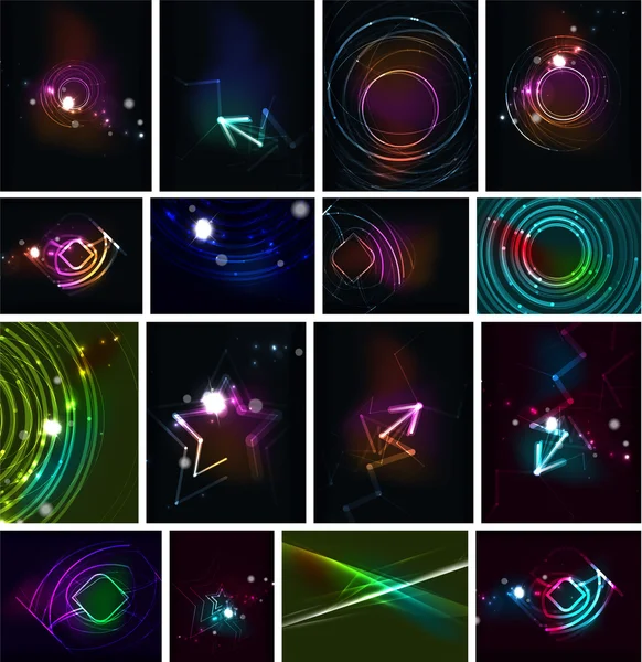 Glowing lines in the dark space, set of abstract backgrounds — Stock Vector