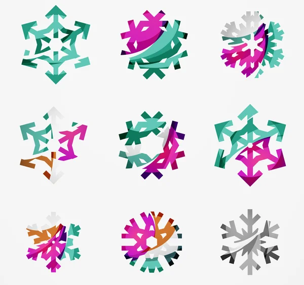 Conjunto de iconos de logotipo de copo de nieve de colores abstractos, conceptos de invierno, diseño geométrico moderno limpio — Vector de stock