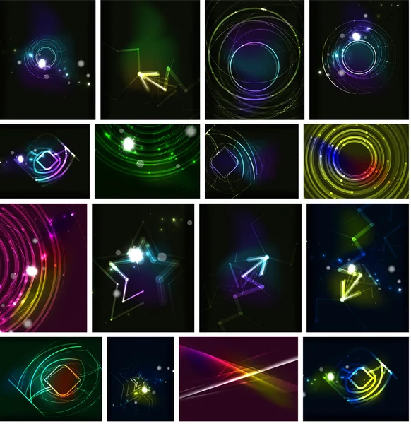 Glowing lines in the dark space, set of abstract backgrounds — Stock Vector