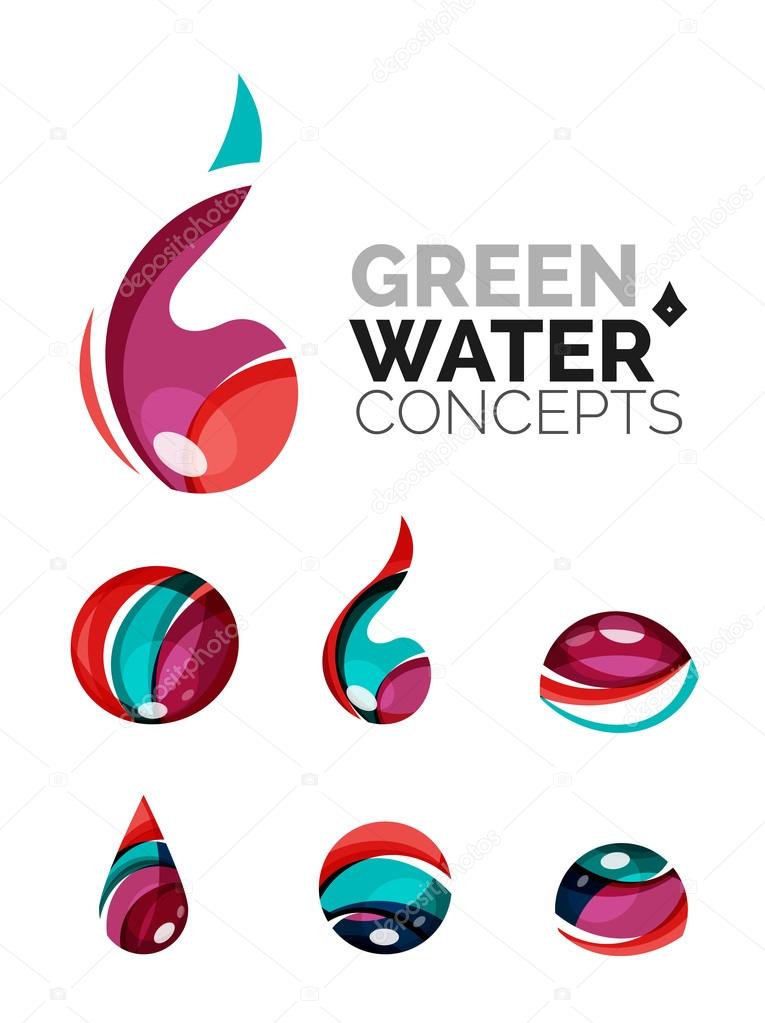 Set of abstract eco water icons, business logotype nature green concepts, clean modern geometric design. Created with transparent abstract wave lines
