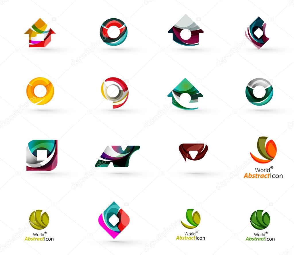 Set of various geometric icons -  rectangles triangles squares or circles. Made of swirls and flowing wavy elements. Business, app, web design logo templates