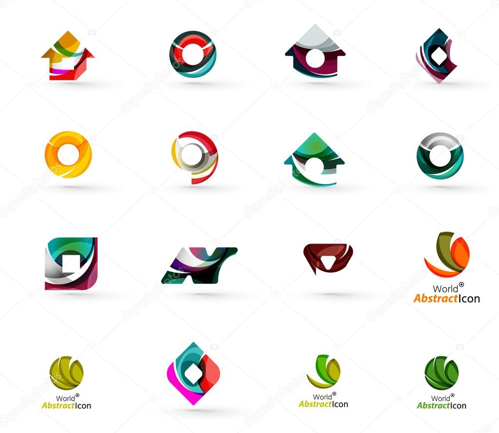 Set of various geometric icons -  rectangles triangles squares circles or swirls, created with flowing wavy elements