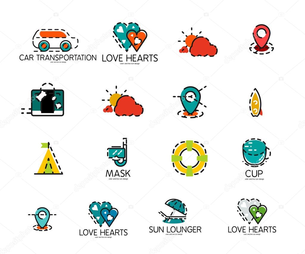 Set of abstract travel logo icons. Business, app or internet web symbols. Thin lines and colors with white