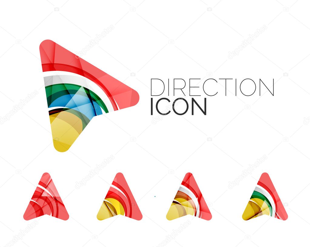 Set of abstract directional arrow icons, business logotype gps concepts, clean modern geometric design. Created with transparent abstract wave lines