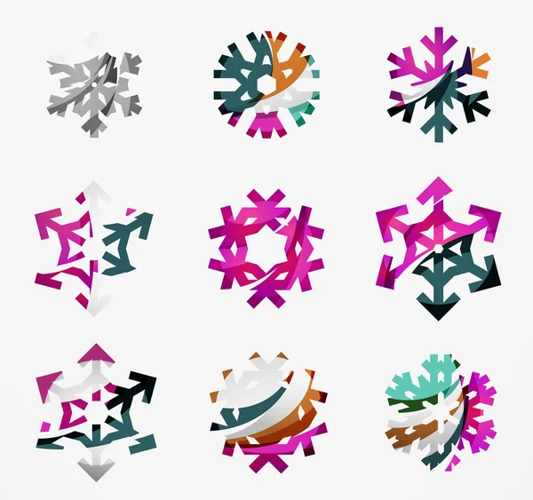 Set of abstract colorful snowflake logo icons, winter concepts, clean modern geometric design — Stock Vector