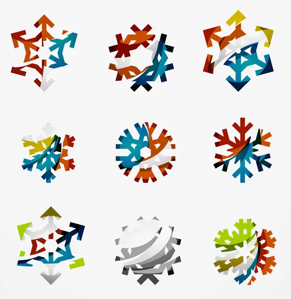 Set of abstract colorful snowflake logo icons, winter concepts, clean modern geometric design — Stock Vector