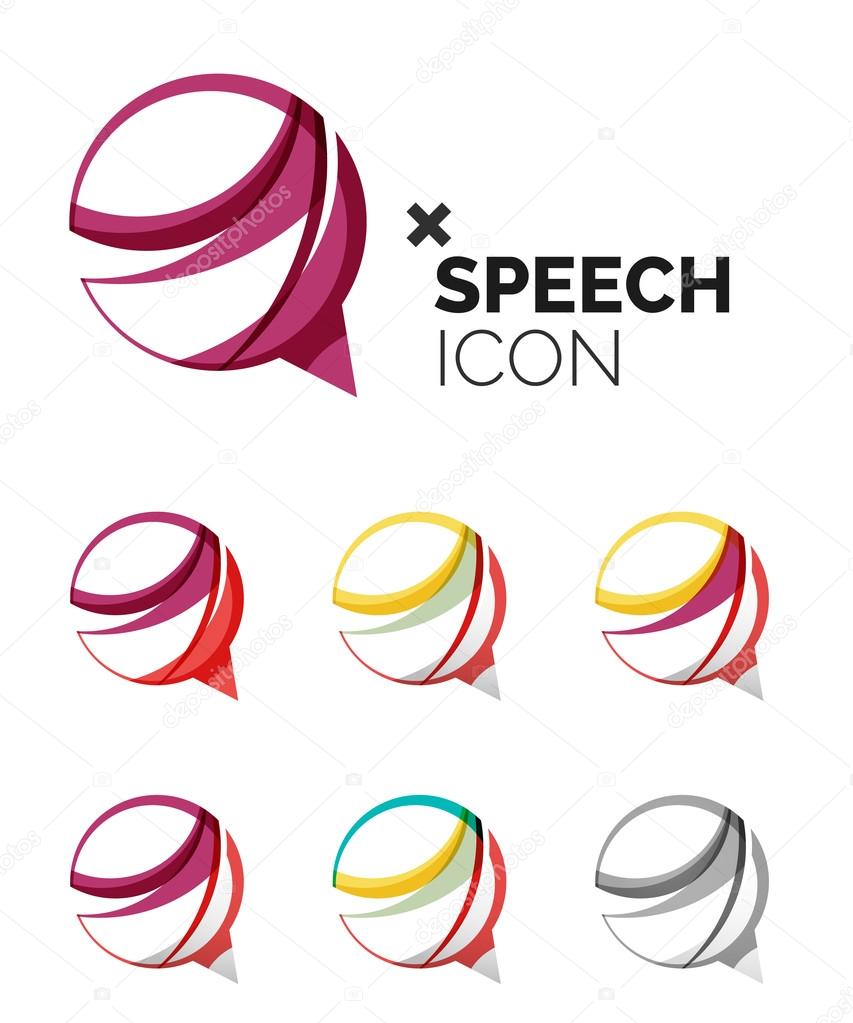 Set of abstract speech bubble and cloud icons, business logotype concepts, clean modern geometric design. Created with transparent abstract wave lines