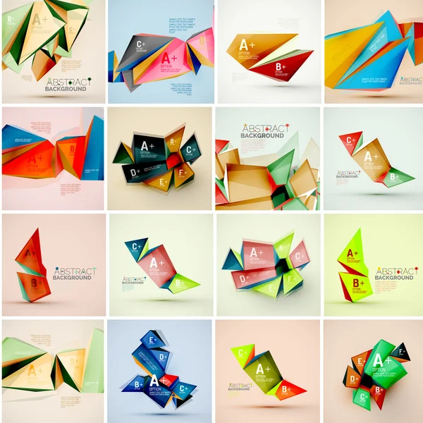 Ensemble de formes triangulaires géométriques 3D. Fond abstrait bannière info moderne — Image vectorielle