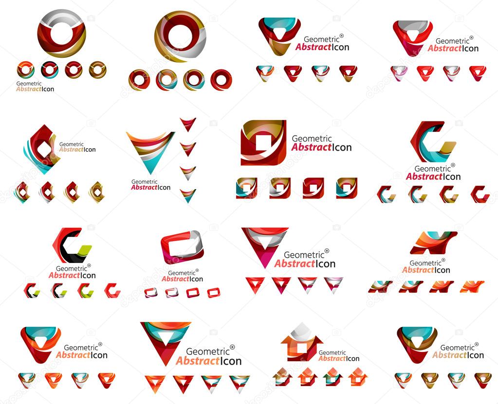 Set of various geometric icons -  rectangles triangles squares circles or swirls, created with flowing wavy elements