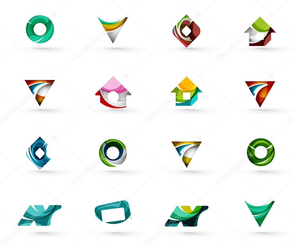 Set of various geometric icons -  rectangles triangles squares circles or swirls, created with flowing wavy elements