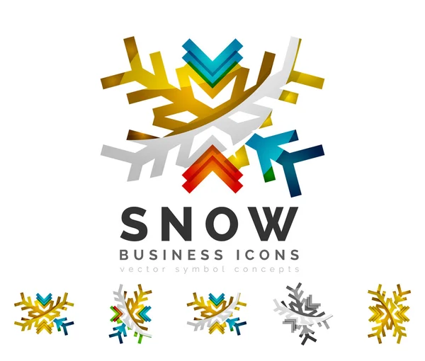 Uppsättning abstrakta färgglada snöflinga logotyp ikoner, vintern begrepp, rena, moderna geometriska design — Stock vektor