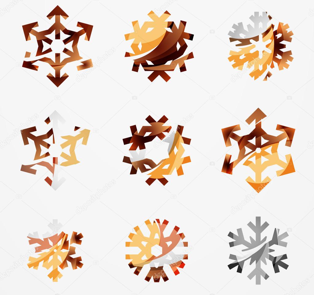 Set of abstract colorful snowflake logo icons, winter concepts, clean modern geometric design. Created with transparent abstract lines