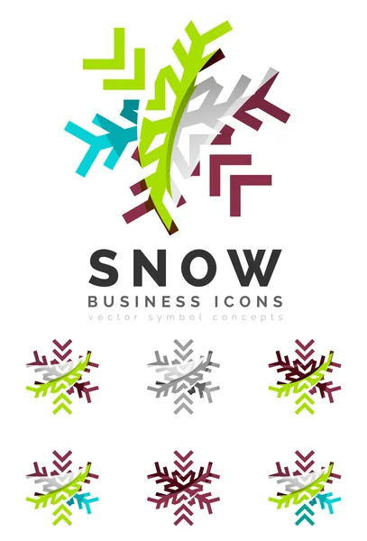 Set van abstracte kleurrijke sneeuwvlok logo iconen, winter concepten, schoon moderne geometrisch ontwerp — Stockvector