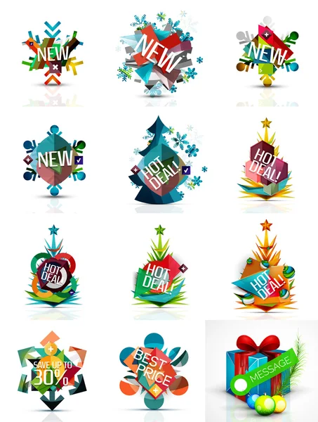 Set of Christmas sale or promotion price tags, New Year tree with labels and your message — Stockový vektor