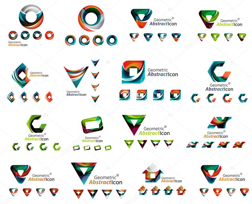 Set of various geometric icons -  rectangles triangles squares or circles. Made of swirls and flowing wavy elements. Business, app, web design logo templates