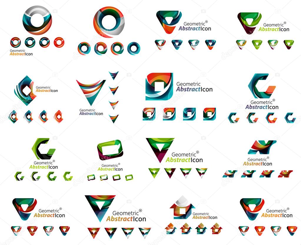 Set of various geometric icons -  rectangles triangles squares circles or swirls, created with flowing wavy elements