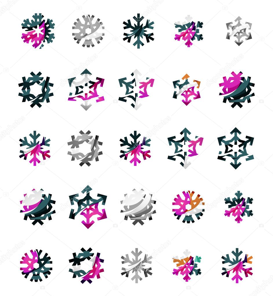 Set of abstract colorful snowflake logo icons, winter concepts, clean modern geometric design. Created with transparent abstract lines