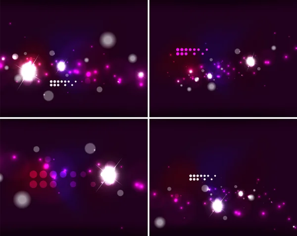 Set van abstracte achtergronden met copyspace. Gloeiende kleur neon licht in donkere ruimte — Stockvector
