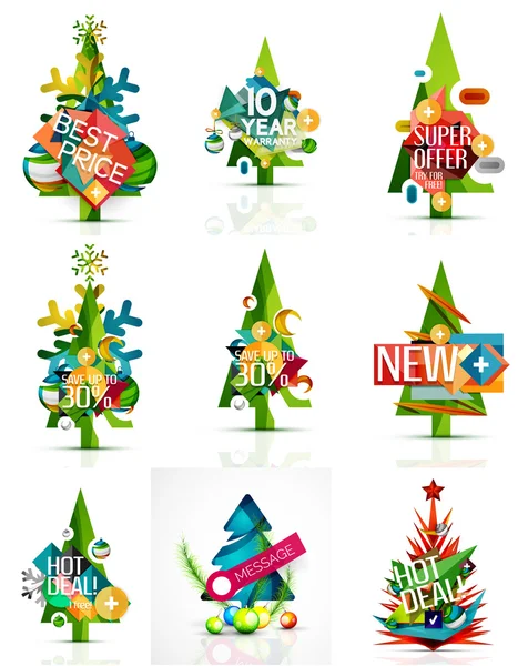 Conjunto de etiquetas de preço de venda ou promoção de Natal, árvore de Ano Novo com etiquetas e sua mensagem — Vetor de Stock
