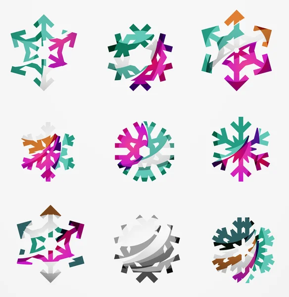 Dizi soyut renkli kar tanesi logo simgeler, kış kavramları, temiz modern geometrik tasarım — Stok Vektör