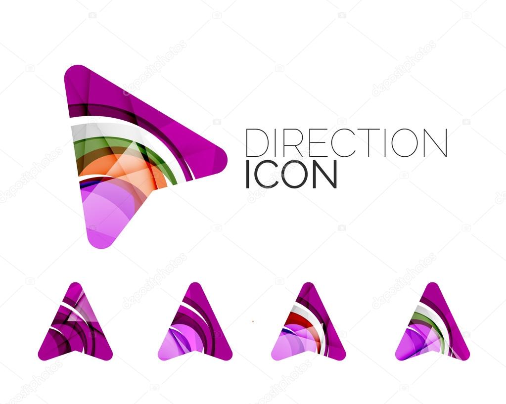 Set of abstract directional arrow icons, business logotype gps concepts, clean modern geometric design. Created with transparent abstract wave lines
