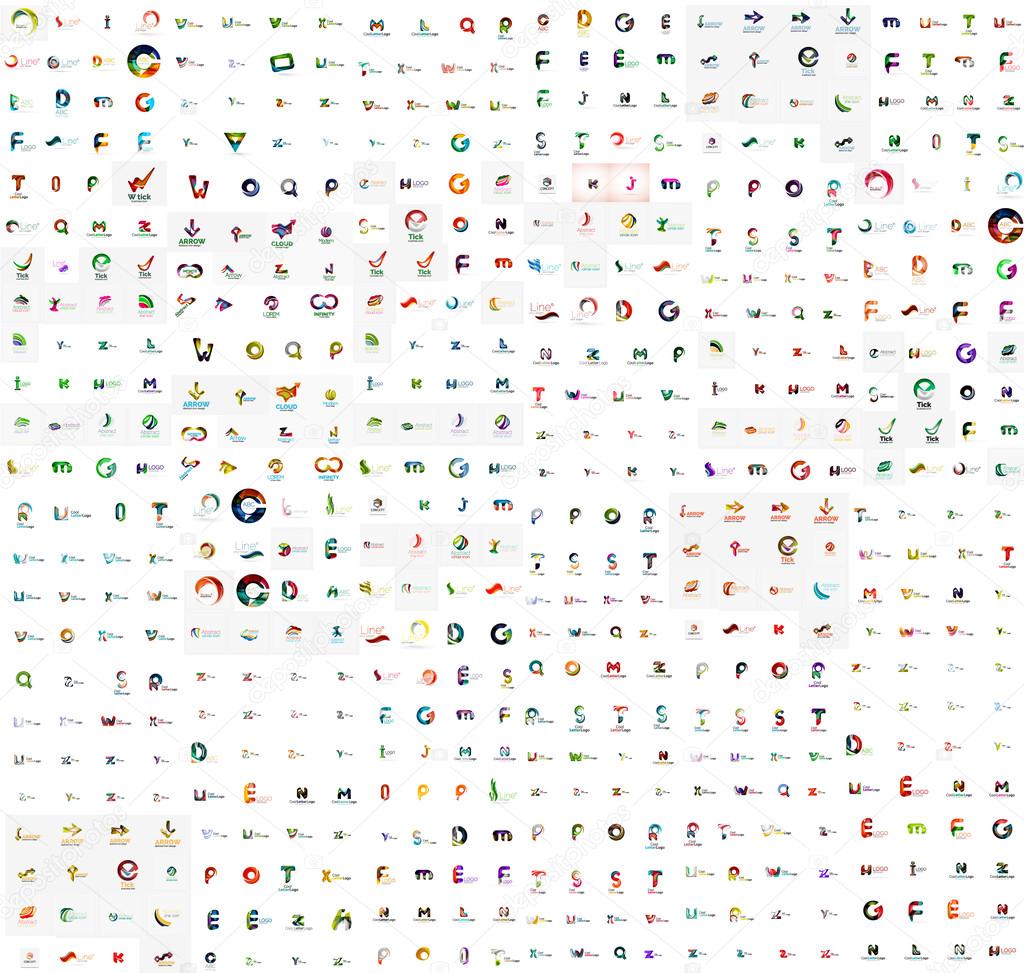 Mega set of geomeric company logos. Corporate business branding design elements. Vector letters and abstract shapes
